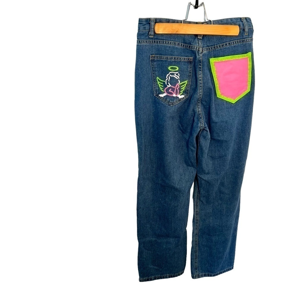 Shein Straight Leg Jeans Painted Back Pink Green Angelβ